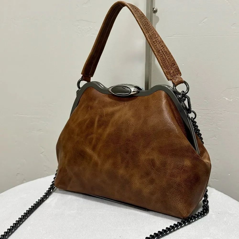 Crazy Horse Cowhide Handmade Custom Frame Push Lock Handbag/Multi Use Style